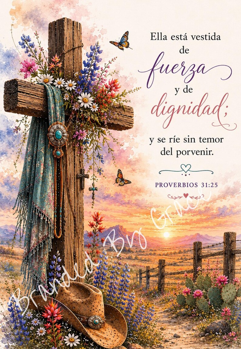 Op de afbeelding: Een houten kruis versierd met kleurrijke wilde bloemen, een turquoise accessoire en een sjaal met patroon, met een cowboyhoed aan de voet. De tekst luidt: Ella est&aacute; vestida de fuerza y de dignidad; y se r&iacute;e sin temor del porvenir. PROVERBIOS 31:25.