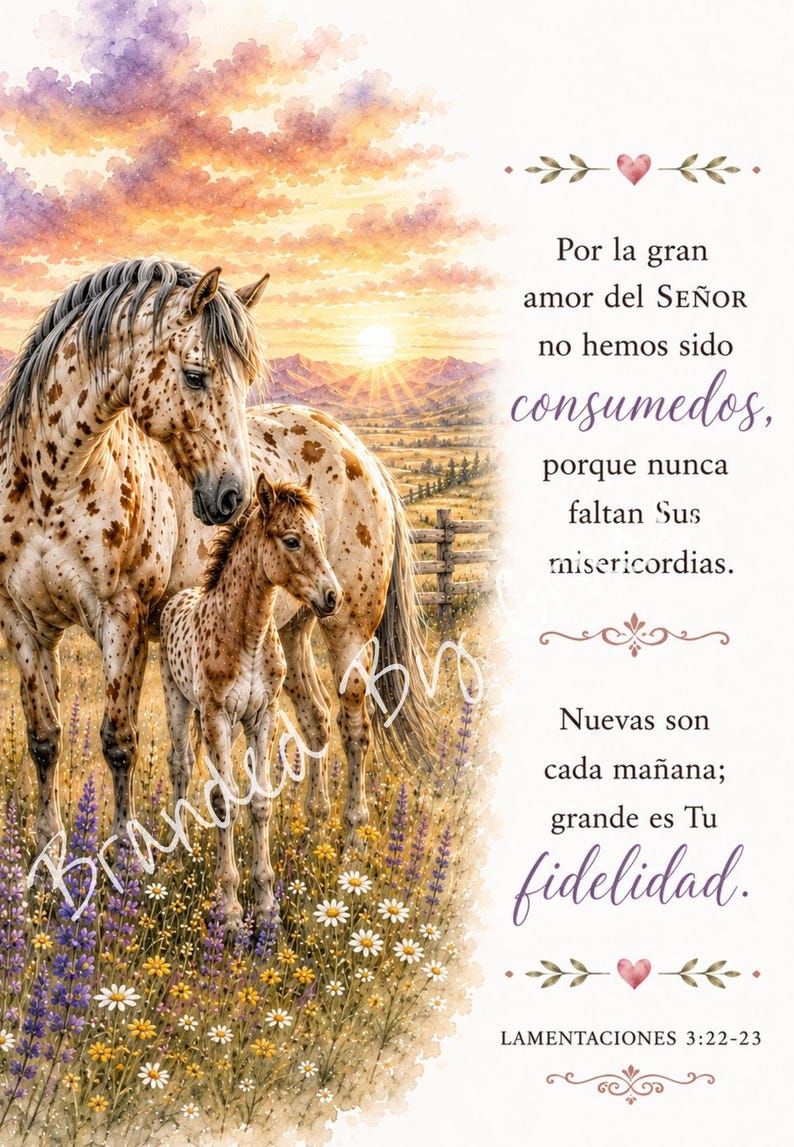 Op de afbeelding: Een aquarelillustratie van een gevlekte merrie en veulen in een veld met wilde bloemen bij zonsondergang. De tekst luidt: Por la gran amor del SE&Ntilde;OR no hemos sido consumados, porque nunca faltan Sus misericordias. Nuevas son cada ma&ntilde;ana; grande es Tu fidelidad. LAMENTACIONES 3:22-23.