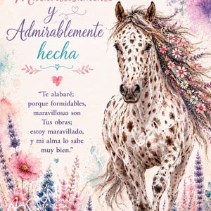 Op de afbeelding: Een aquarel-stijl print met een gevlekt paard dat door een veld met roze en paarse bloemen rent. De tekst luidt: Maravillosamente y Admirablemente hecha, en Te alabar&eacute;; porque formidables, maravillosas son Tus obras; estoy maravillado, y mi alma lo sabe muy bien. Salmo 139:14.