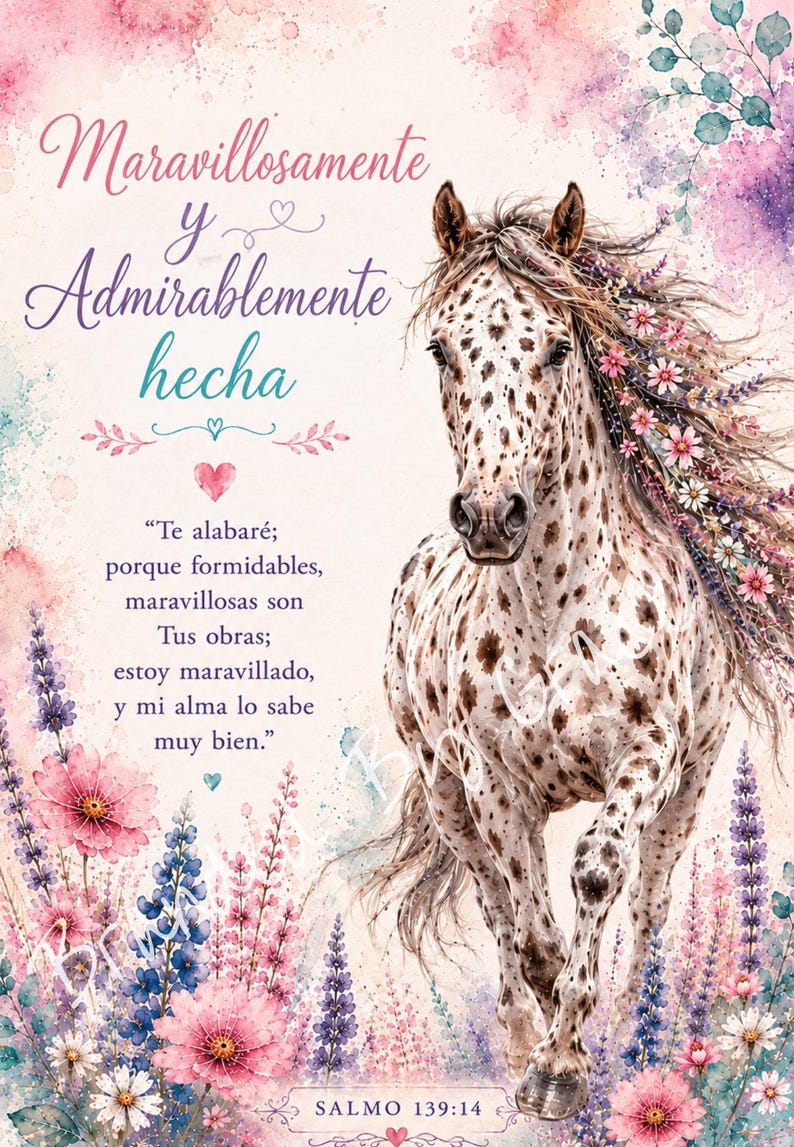 Op de afbeelding: Een aquarel-stijl print met een gevlekt paard dat door een veld met roze en paarse bloemen rent. De tekst luidt: Maravillosamente y Admirablemente hecha, en Te alabar&eacute;; porque formidables, maravillosas son Tus obras; estoy maravillado, y mi alma lo sabe muy bien. Salmo 139:14.