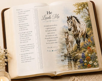 May include: A set of Bible tip-ins featuring scripture cards printed on translucent vellum paper. Each card measures 16 cm by 23.1 cm and displays Psalm 23 text alongside an illustration of two horses in a landscape with colourful wildflowers.