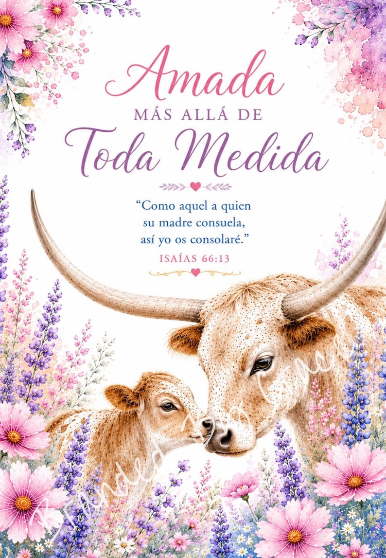 Op de afbeelding: Een aquarelillustratie met een longhorn koe en kalf omringd door roze en paarse bloemen. De tekst luidt Amada M&Aacute;S ALL&Aacute; DE Toda Medida en bevat het bijbelvers Isa&iacute;as 66:13, Como aquel a quien su madre consuela, as&iacute; yo os consolar&eacute;.
