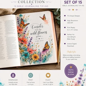 Wildflower Faith Bible Tip-In Printables | Set of 15 Christian Journal Inserts | Scripture Digital Download
