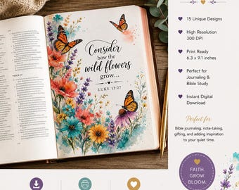 Wildflower Faith Bible Tip-In Printables | Set of 15 Christian Journal Inserts | Scripture Digital Download