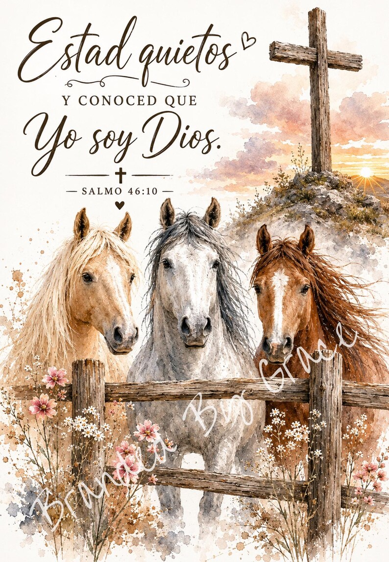 Op de afbeelding: Een aquarelillustratie met drie paarden&mdash;een palomino, een wit paard en een voskleurig paard&mdash;achter een houten hek. Daarboven staat een kruis op een heuvel bij zonsondergang. De tekst luidt: Estad quietos Y CONOCED QUE Yo soy Dios. SALMO 46:10.