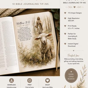 Peut inclure: Un ensemble de 10 inserts de journalisation biblique en téléchargement numérique illustrant Matthieu 18:12. L'image montre une page de Bible ouverte avec un berger et un agneau, mesurant 16 x 23,1 cm, avec une résolution de 300 DPI.