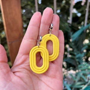 Bold Yellow Polymer Clay Earrings Lightweight Retro Oval Statement Dangles Silver Huggie Hoops Handmade Geometric Earring Gift for Her
