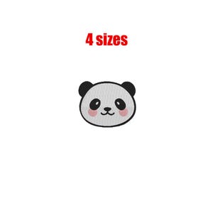 Puede incluir: Una cara de panda de dibujos animados en blanco y negro con mejillas rosadas. El panda está sonriendo. El texto "4 tamaños" está por encima del panda.