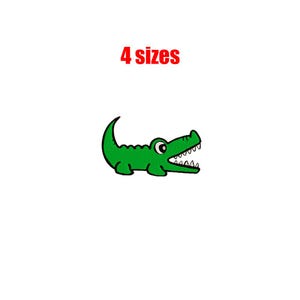 May include: Green cartoon crocodile with an open mouth and white teeth. The crocodile is facing right. The text "4 sizes" is above the crocodile.