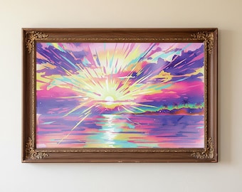 Neon Vaporwave Sunset Print: Electric Tropical Beach Art (Digital Download)