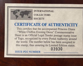 princess diana white chiffon evening dress stamp Princess Diana White Chiffon Evening Dress Commemorative Stamp With COA
