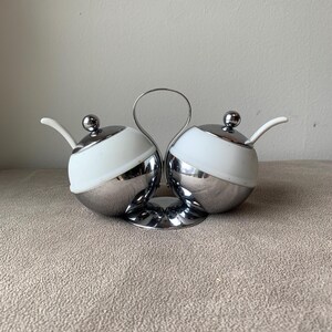 Art Deco Chase Chrome and Glass Double Condiment Server w/ lids & spoons | RARE! | Complete Set!