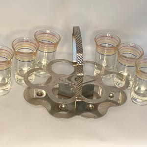 Vintage Barware Anchor Hocking MCM Chrome Caddy + 6 long shot glasses with red, orange, blue, & yellow horizontal bands | Mid-century Modern image 3