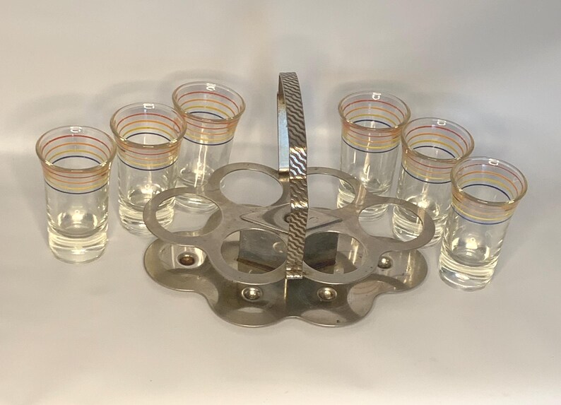 Vintage Barware Anchor Hocking MCM Chrome Caddy + 6 long shot glasses with red, orange, blue, & yellow horizontal bands | Mid-century Modern image 3