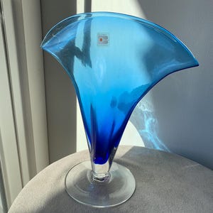 Vintage Blenko Handblown Sapphire Blue Fan Art Glass Vase | Model #872 | 1980s | MINT! | Stickered | Free Shipping