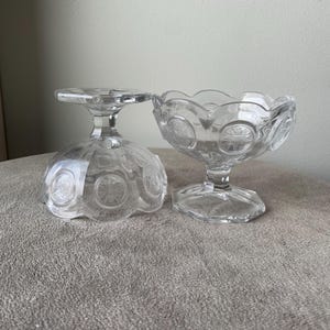 Vintage Fostoria Coin Pattern Compote | Presidential Seal & Torch | Footed / Pedestal Glass Dish | Elegant Glass Decor | Set of 2