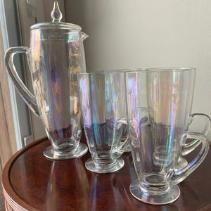 MCM Bougie Barware | Vintage Iridescent Pitcher w/lid & 4 tall fluted matching glasses | Rainbow Optic Glasses | Lemonade | Ice Tea