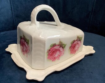 Vintage Ceramic Butter Dish with Lid – Pink Roses & Scalloped Edge – Cottagecore Kitchen Décor| MINT!!