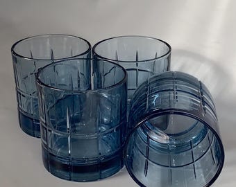 Vasos bajos Anchor Hocking Manhattan Tartan Blue Old Fashioned Rocks de 8,9 cm de alto (juego de 4)