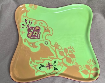 Tracy Porter Anthropologie-inspired Hand Painted Boho green and floral catch all square rounded plate | platter