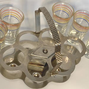Vintage Barware Anchor Hocking MCM Chrome Caddy + 6 long shot glasses with red, orange, blue, & yellow horizontal bands | Mid-century Modern image 4
