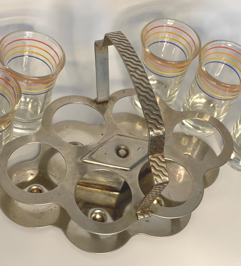 Vintage Barware Anchor Hocking MCM Chrome Caddy + 6 long shot glasses with red, orange, blue, & yellow horizontal bands | Mid-century Modern image 4