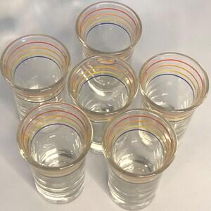 Vintage Barware Anchor Hocking MCM Chrome Caddy + 6 long shot glasses with red, orange, blue, & yellow horizontal bands | Mid-century Modern image 8