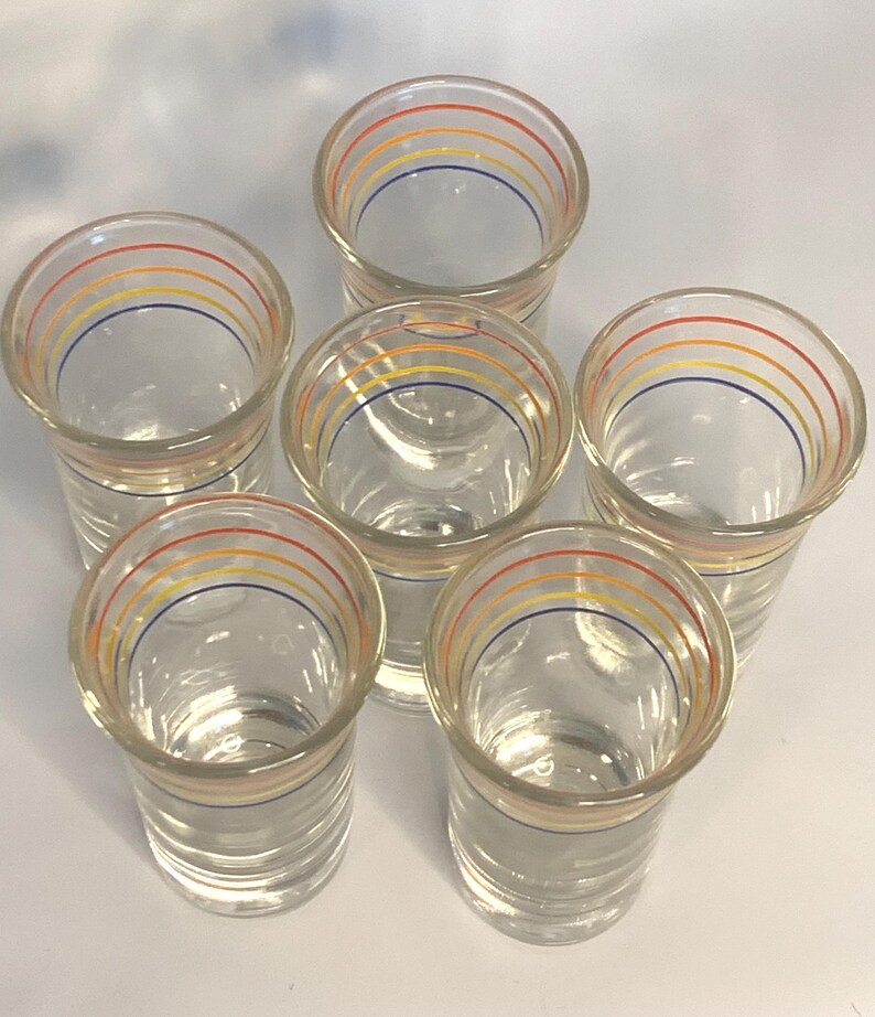 Vintage Barware Anchor Hocking MCM Chrome Caddy + 6 long shot glasses with red, orange, blue, & yellow horizontal bands | Mid-century Modern image 8