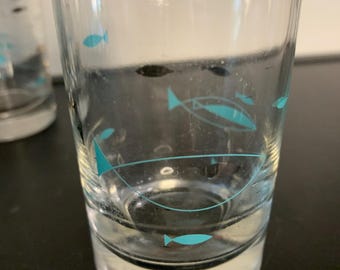 MCM 1950s Mid-Century Libbey ATOMIC Fish Mediterranean Glasses | Turquoise Blue/Aqua & Platinum | Silver Rims, MCM Drink Ware | 2 sizes