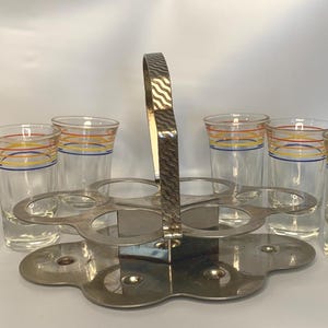 Vintage Barware Anchor Hocking MCM Chrome Caddy + 6 long shot glasses with red, orange, blue, & yellow horizontal bands | Mid-century Modern image 5