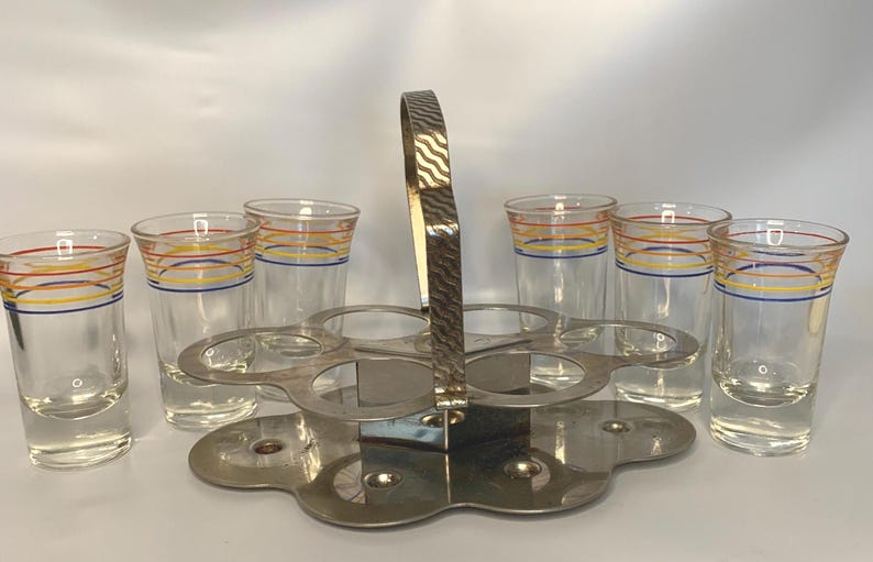 Vintage Barware Anchor Hocking MCM Chrome Caddy + 6 long shot glasses with red, orange, blue, & yellow horizontal bands | Mid-century Modern image 5
