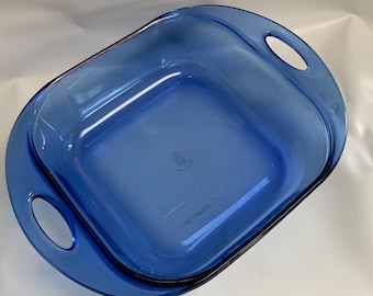 Cobalt blue 2 QT Anchor Hocking Ovations cobalt blue glass Casserole brownie baking dish w/ cut out handles | Rounded Square | MINT | 1950s