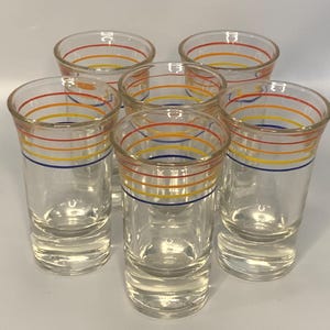 Vintage Barware Anchor Hocking MCM Chrome Caddy + 6 long shot glasses with red, orange, blue, & yellow horizontal bands | Mid-century Modern image 2