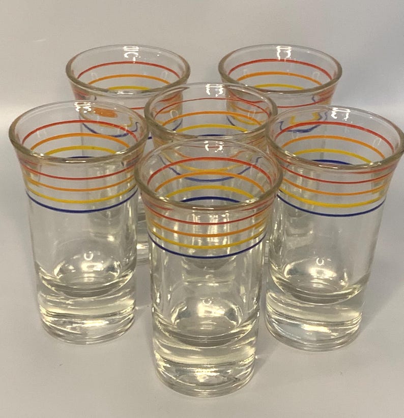 Vintage Barware Anchor Hocking MCM Chrome Caddy + 6 long shot glasses with red, orange, blue, & yellow horizontal bands | Mid-century Modern image 2