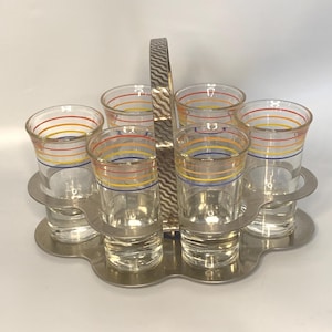 Vintage Barware Anchor Hocking MCM Chrome Caddy + 6 long shot glasses with red, orange, blue, & yellow horizontal bands | Mid-century Modern image 1