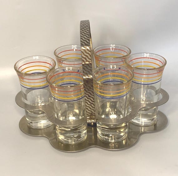 Vintage Barware Anchor Hocking MCM Chrome Caddy + 6 long shot glasses with red, orange, blue, & yellow horizontal bands | Mid-century Modern