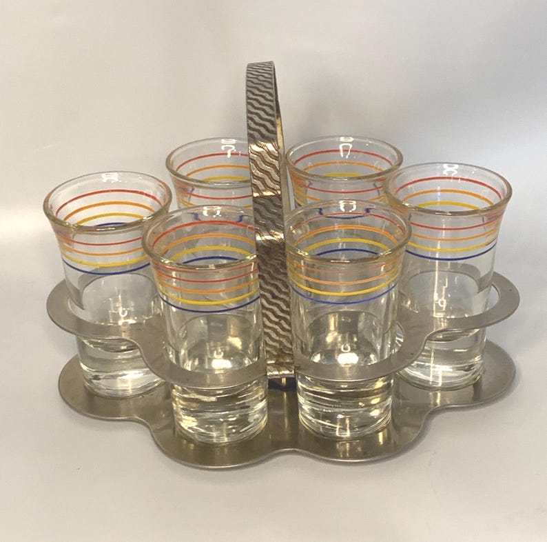 Vintage Barware Anchor Hocking MCM Chrome Caddy + 6 long shot glasses with red, orange, blue, & yellow horizontal bands | Mid-century Modern image 1