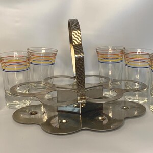 Vintage Barware Anchor Hocking MCM Chrome Caddy + 6 long shot glasses with red, orange, blue, & yellow horizontal bands | Mid-century Modern image 7