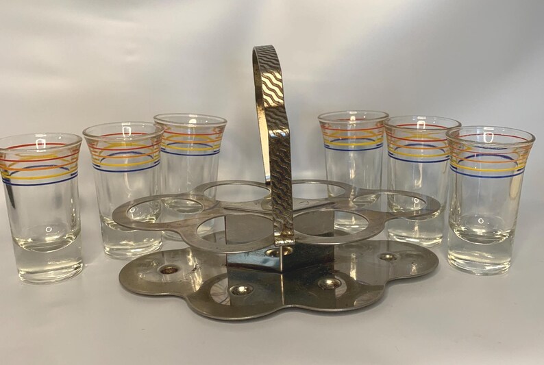 Vintage Barware Anchor Hocking MCM Chrome Caddy + 6 long shot glasses with red, orange, blue, & yellow horizontal bands | Mid-century Modern image 7