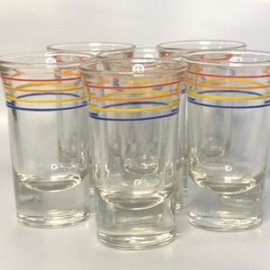 Vintage Barware Anchor Hocking MCM Chrome Caddy + 6 long shot glasses with red, orange, blue, & yellow horizontal bands | Mid-century Modern image 9