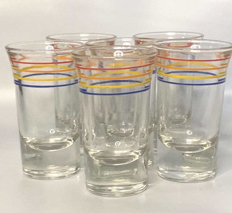 Vintage Barware Anchor Hocking MCM Chrome Caddy + 6 long shot glasses with red, orange, blue, & yellow horizontal bands | Mid-century Modern image 9
