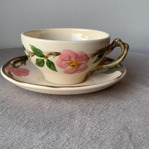 1940s Franciscan Desert Rose Earthenware Tea Cup and Saucer Set in Muted Desert Flower Tones