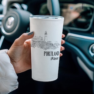 Portland Maine Lighthouse Tumbler - Maine Travel Mug - Portland Head Light Stainless Steel Hand Drawn Art Illustration Gift Souvenir Cup