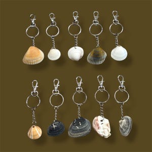May include: A collection of ten seashell keychains. Each keychain features a different seashell attached to a silver-colored chain, ring, and clasp. The seashells vary in color, including white, tan, black, and grey. The background is a solid, muted brown.