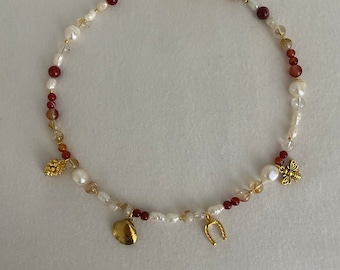 Crystal Charm Necklace : Carnelian, Citrine + Freshwater Pearls