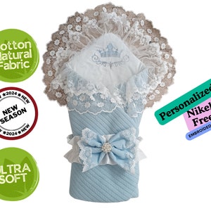 Cobertor para bebê recém-nascido, azul, menina ou menino, com renda e tule, elegante, cobertor para bebê, fibra cheia de malha, PERSONALIZADO