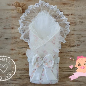 Cobertor personalizado para bebê recém-nascido com babados e renda, bolsa de transporte unissex para bebê recém-nascido, roupa de hospital para recém-nascidos com bordado