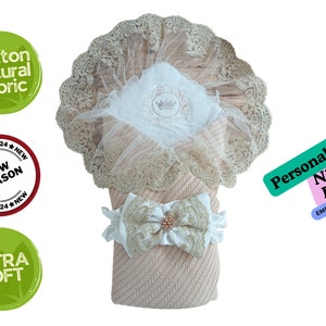 Cobertor de bebê recém-nascido marrom, menina ou menino, com renda e tule, elegante, cobertor de bebê, fibra cheia de malha, personalizado