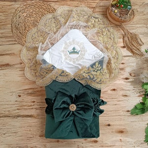 Faixa de veludo verde para recém-nascidos com renda dourada, cobertor para bebê menino e menina, roupa hospitalar para bebês