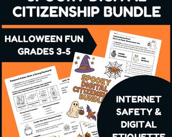 Paquete de Halloween sobre ciudadanía digital espeluznante / Actividades de seguridad digital / Recursos para el aula de octubre / Lecciones de tecnología desconectada